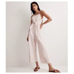 MADEWELL Tie-Waist Crop Wide-Leg Jumpsuit in Stripe Size 12 Summer Linen Blend